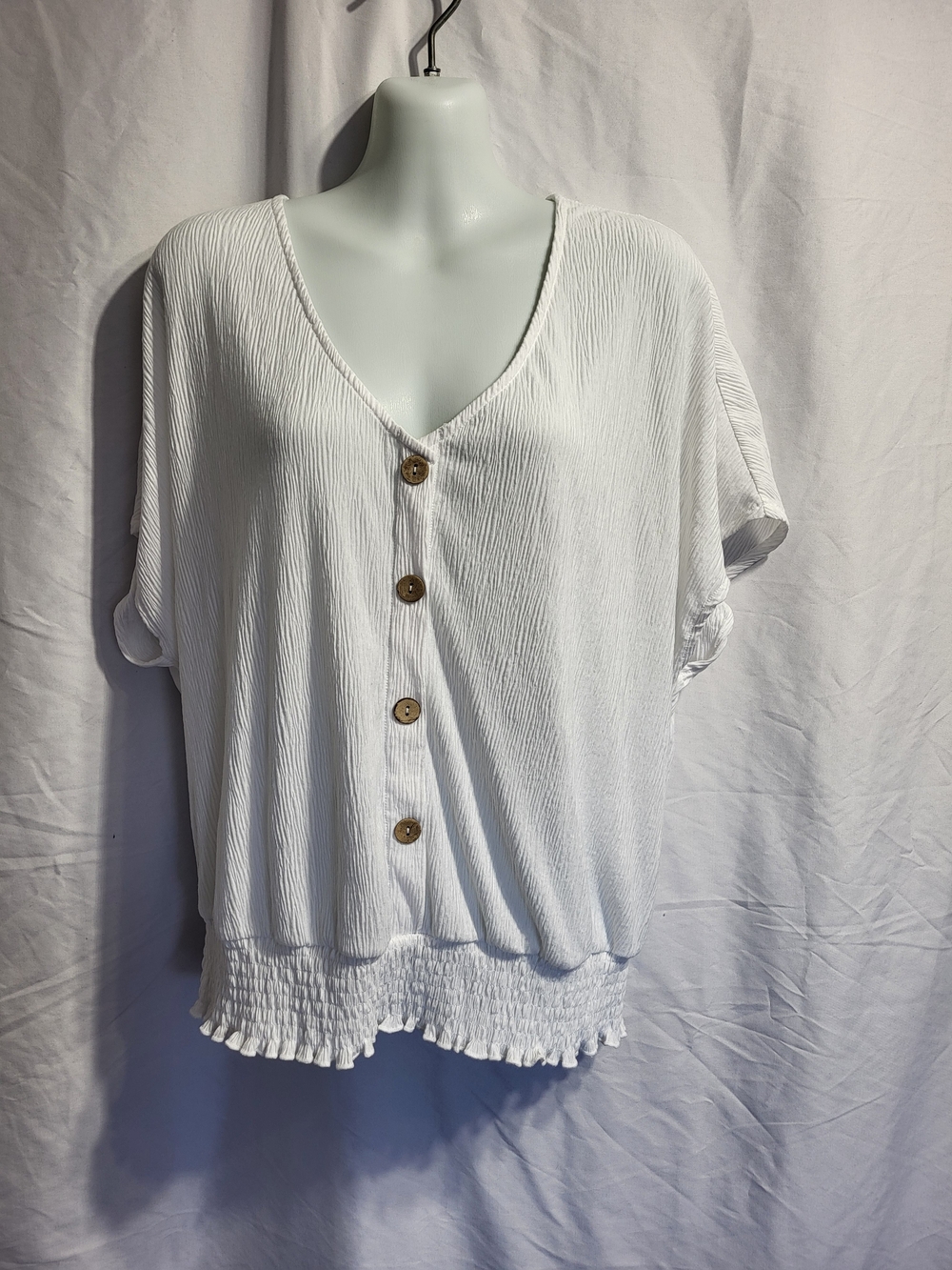 cleo White V-Neck Button Front Blouse,  Size Medium